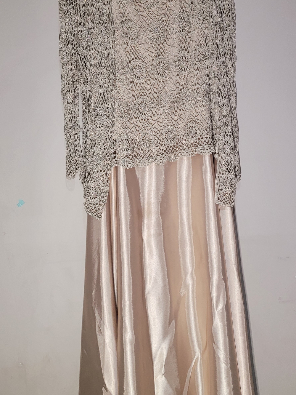 Cachet Gold Dress Crochet Top with Satin Skirt